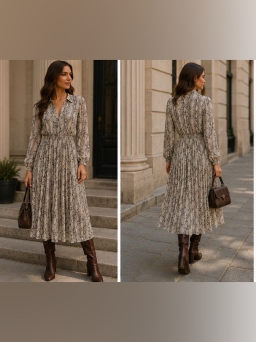 Mexx Snake Print Pleated Midi Dress XL New With Tags Collared Long Sleeve Boho